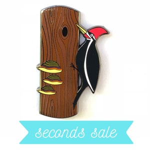 Giving Tuesday SECONDS SALE! Pileated Woodpecker hard enamel pin. Woodpecker on a tree with shelf mushrooms pin. Designed by Forage Workshop