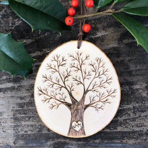 Personalized heart & initials on single winter tree. Wood burned, wood slice ornament or wall hanging. Custom made by Forage Workshop