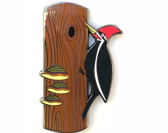Pileated Woodpecker Enamel Pin: Forest Bird with Shelf Mushrooms
