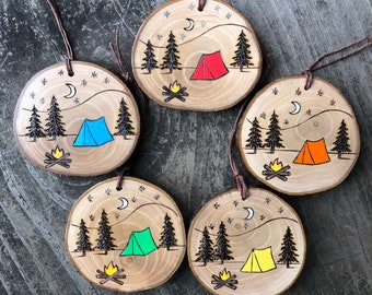 Camp scene ornament. Wood slice ornament with wood burned campfire, tent, trees, mountains and moon. Handmade by Forage Workshop. PREORDER