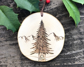 Pacific Crest Trail wood burned pine tree mountain scene ornament. Commemorative hike, rustic wooden branch ornament or wall hanging