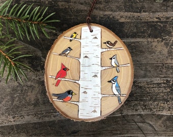 White birch tree filled with backyard birds on wood slice. Woodland ornament. Handmade by Forage Workshop PREORDER