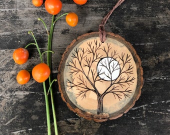 Winter tree silhouette and full moon ornament or small wall hanging. Wood burned & painted wood slice. Handmade by Forage Workshop PREORDER