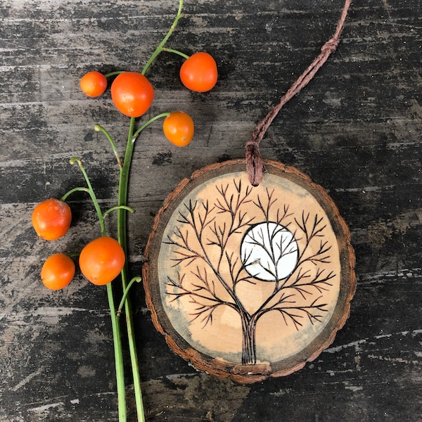 Winter tree silhouette and full moon ornament or small wall hanging. Wood burned & painted wood slice. Handmade by Forage Workshop PREORDER