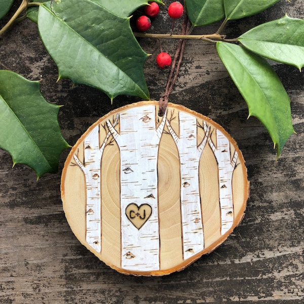 Personalized heart & initials on birch or aspen trees. Wood burned, wood slice ornament. Custom made. Handmade by Forage Workshop