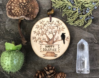 Happy Solstice ornament or wall hanging. Wood burned winter tree with raven in the branches. Handmade by Forage workshop PREORDER