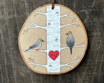 White birch tree with mourning dove couple on wood slice. Woodland ornament. Lovebirds valentine Handmade by Forage Workshop PREORDER