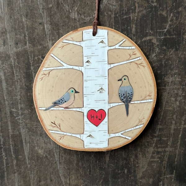 White birch tree with mourning dove couple on wood slice. Woodland ornament. Lovebirds valentine Handmade by Forage Workshop PREORDER