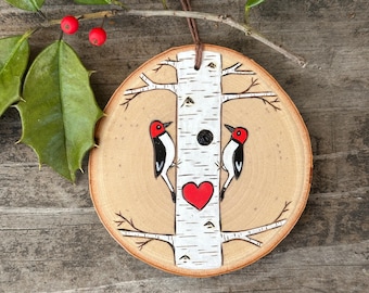 White birch tree with red headed woodpecker bird couple on wood slice ornament. Lovebirds valentine Handmade by Forage Workshop PREORDER