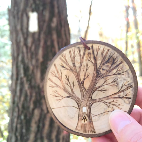 Appalachian Trail white blaze wood burned tree ornament. Commemorative hike ornament. Rustic wooden branch ornament. PREORDER