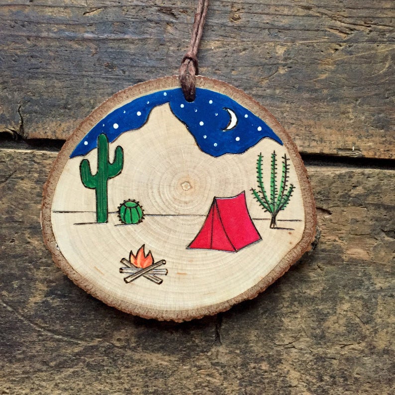 Desert Camping Scene Ornament or Magnet. Rustic Wood Burned and Painted ...