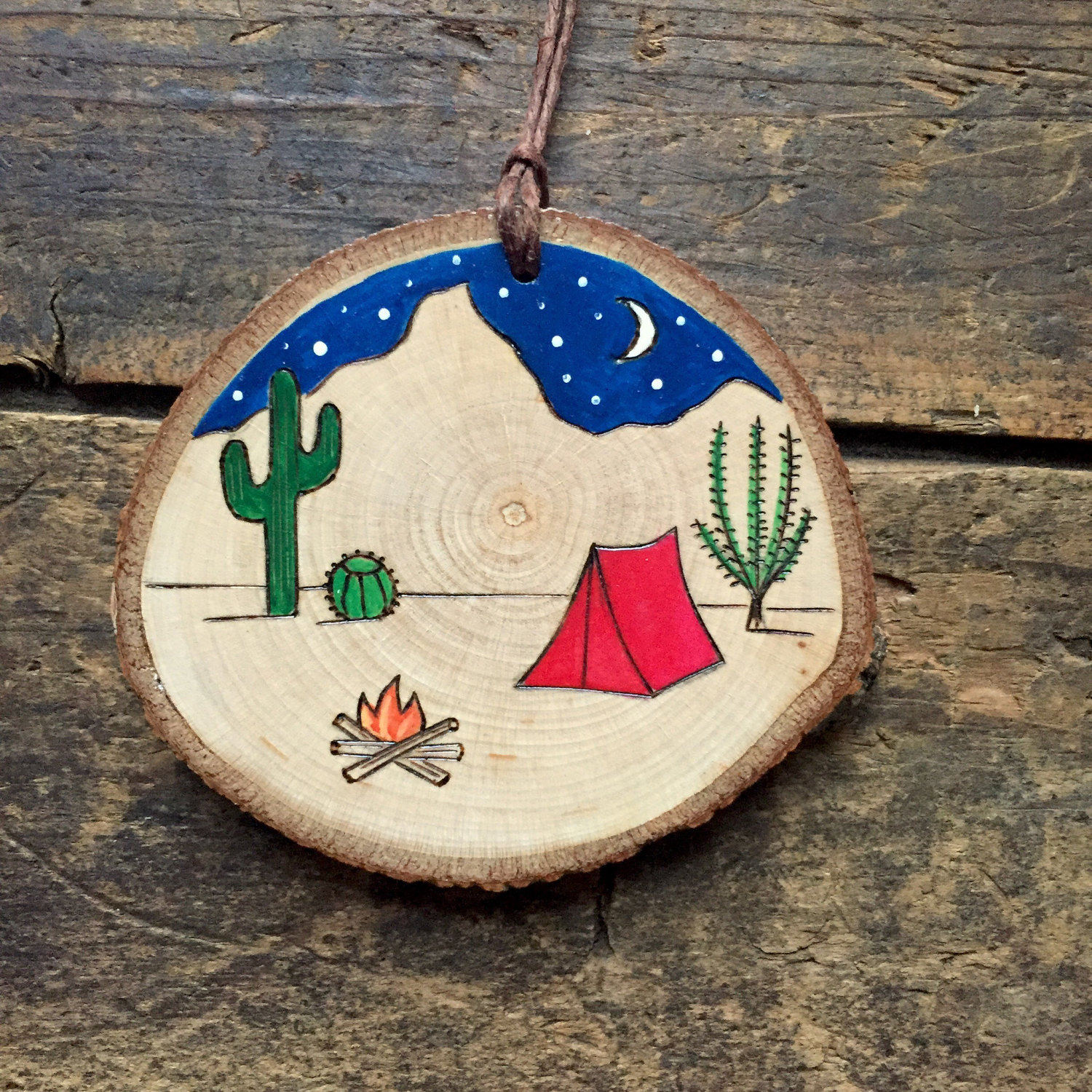 Desert Camping Scene Ornament or Magnet. Rustic Wood Burned and Painted ...