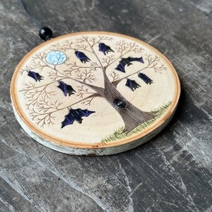Black bats hanging in a spooky tree with full moon. Wood slice art handmade by Forage Workshop PREORDER image 2