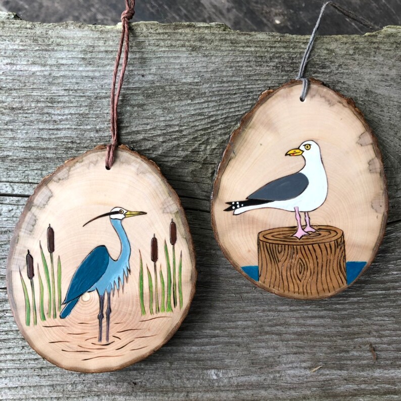 Great blue heron wood burned and painted on wood slice Bird ornament.