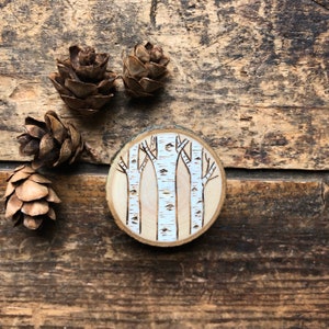 Wood burned tiny birch trees pin or brooch. Handmade by Forage Workshop