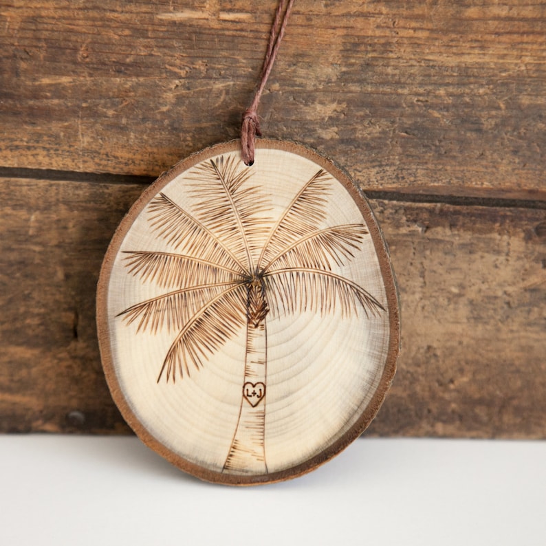Personalized palm tree wooden ornament. Wood burned heart & Etsy