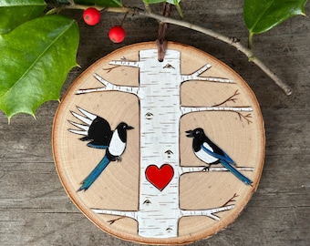 Birch tree with black billed magpie bird couple on wood slice. Woodland Personalized ornament custom made by Forage Workshop PREORDER