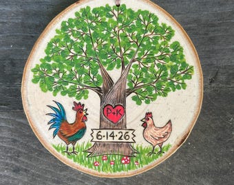 Summer tree with chickens ornament. Personalized with initials and/or date sign. Handmade by Forage Workshop.