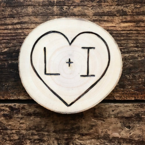 Handmade custom wood slice magnet. Personalized wood burned heart & initials. Wooden Valentine. Handmade by Forage Workshop