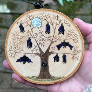 Black bats hanging in a spooky tree with full moon. Wood slice art handmade by Forage Workshop PREORDER image 4
