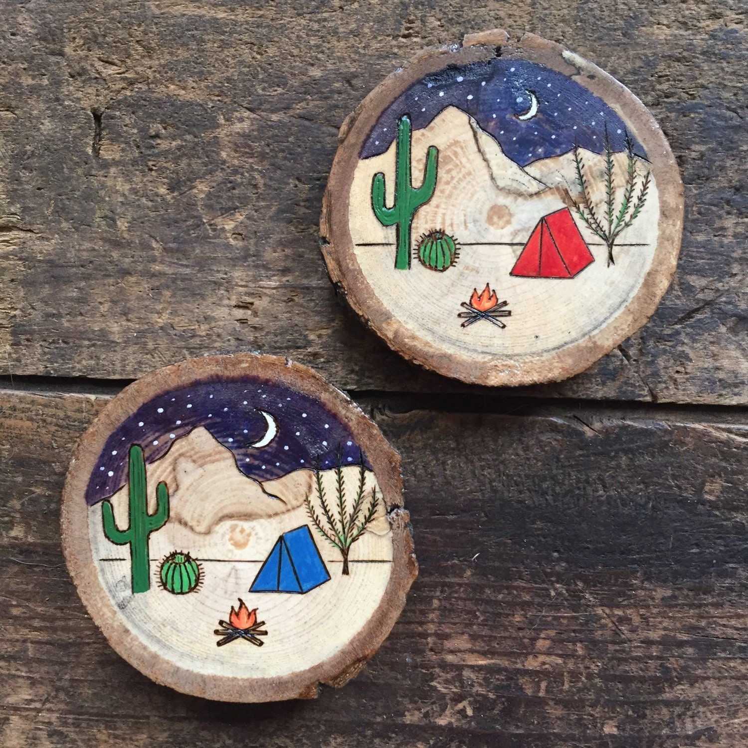 Desert Camping Scene Ornament or Magnet. Rustic Wood Burned and Painted ...