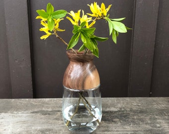 Handmade wood and glass bud vase. Walnut wood turned top with upcycled glass bottom. Handmade by Forage Workshop