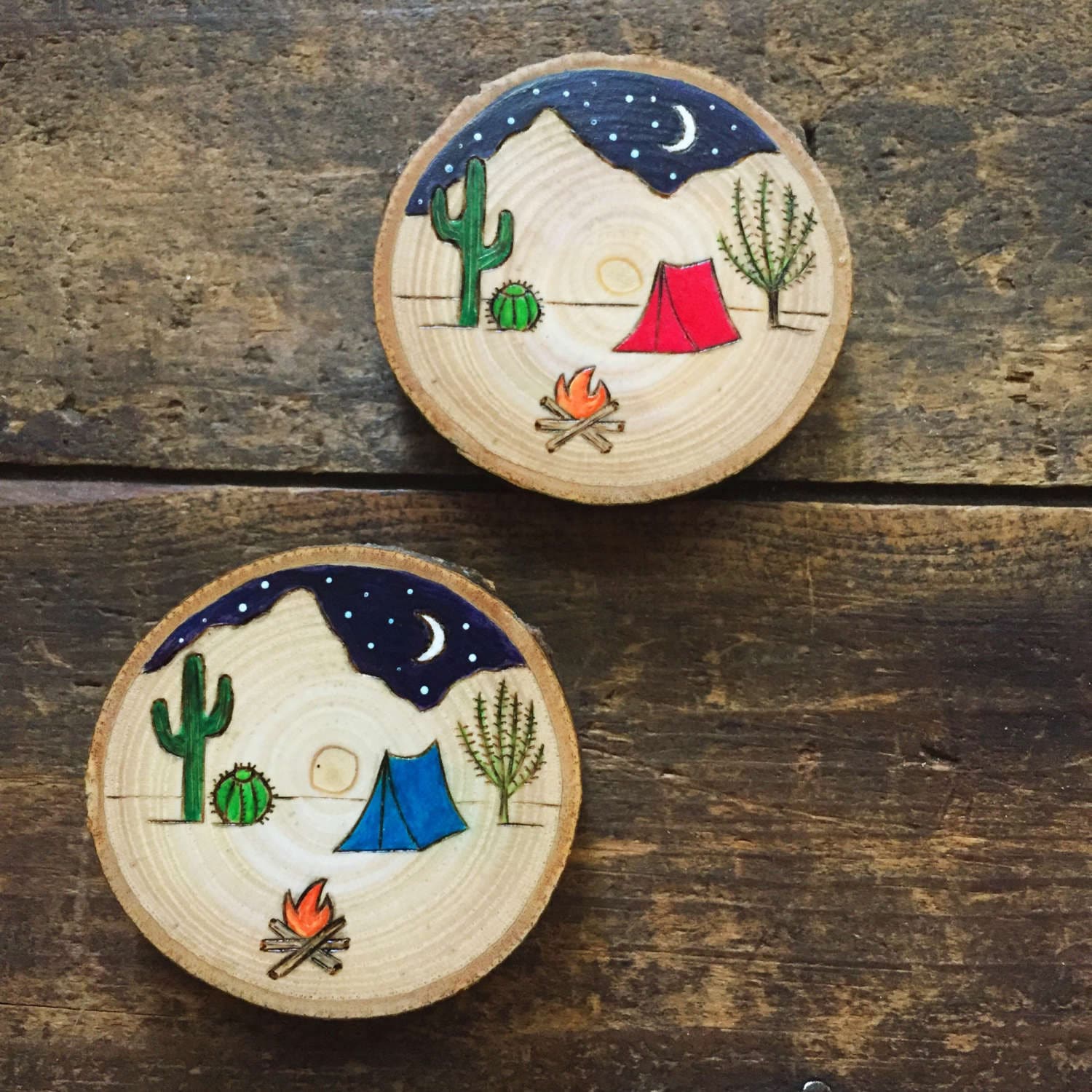 Desert Camping Scene Ornament or Magnet. Rustic Wood Burned and Painted ...