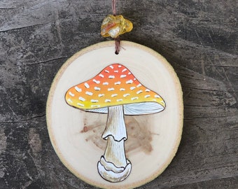 Yellow amanita Mushroom wood slice ornament. Handmade by Forage Workshop