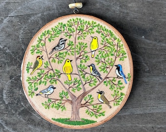 Warblers in spring tree. Wood slice art, small wall hanging. Handmade by Forage Workshop. PREORDER