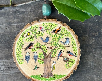 Spring tree full of backyard birds. Wood slice art, small wall hanging. Handmade by Forage Workshop. PREORDER