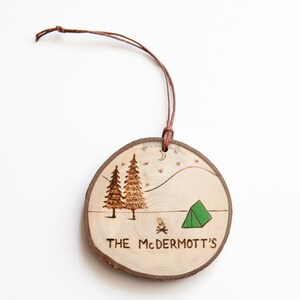 Camp Scene Ornament. Wood Slice Ornament Campfire, Tent, Trees ...