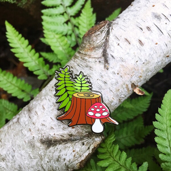 Forest Floor hard enamel pin. Tree stump, ferns and mushroom pin. Nature lover outdoorsy gift.