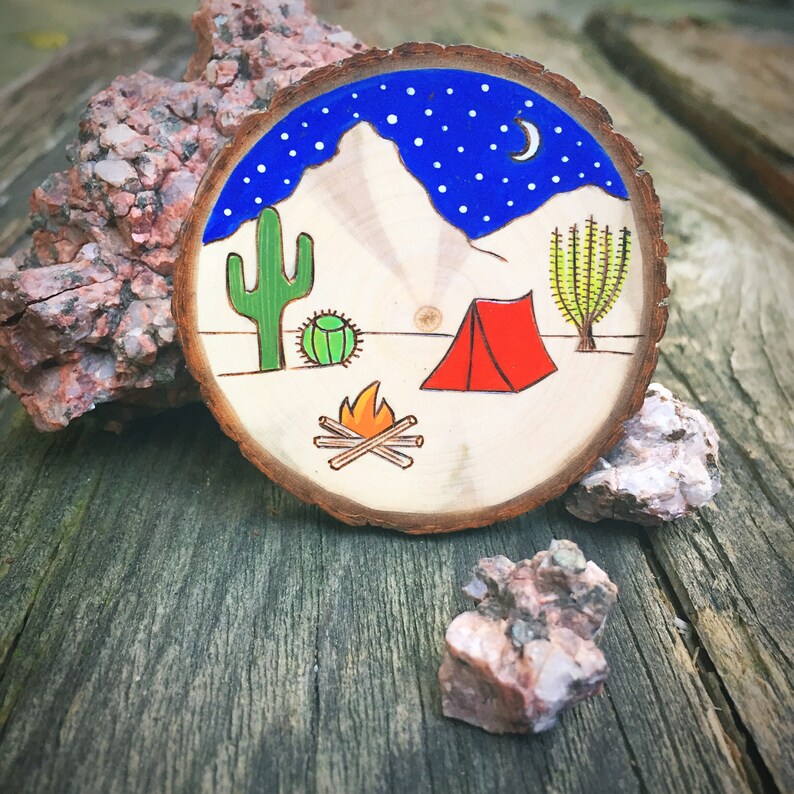 Desert Camping Scene Ornament or Magnet. Rustic Wood Burned and Painted ...