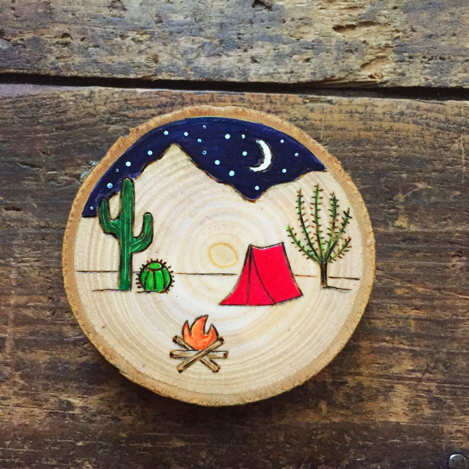 Desert Camping Scene Ornament or Magnet. Rustic Wood Burned and Painted ...