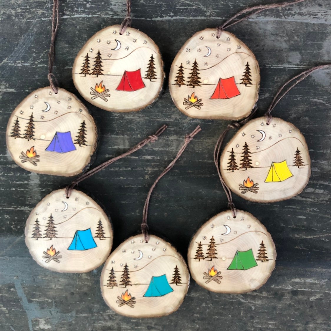 Camp Scene Ornament. Wood Slice Ornament Campfire, Tent, Trees ...