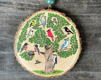 Summer backyard birds wood slice ornament. Handmade by Forage Workshop. PREORDER