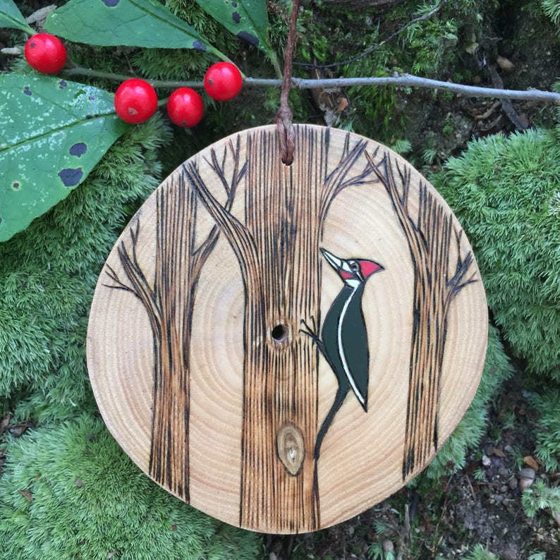 Wood burned and painted woodland bird ornament Forest friend. Pileated woodpecker ornament