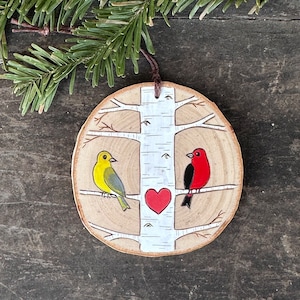 White birch tree with scarlet tanager bird couple on wood slice. Woodland Personalized ornament custom made by Forage Workshop PREORDER