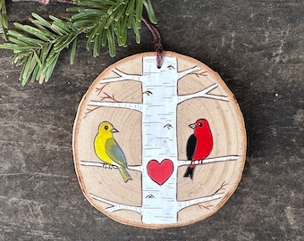 White birch tree with scarlet tanager bird couple on wood slice. Woodland Personalized ornament custom made by Forage Workshop PREORDER