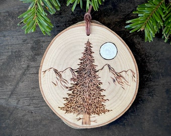 Full moon mountain scene pine tree ornament or small wall hanging. Wood burned and painted wood slice. Handmade by Forage Workshop. PREORDER