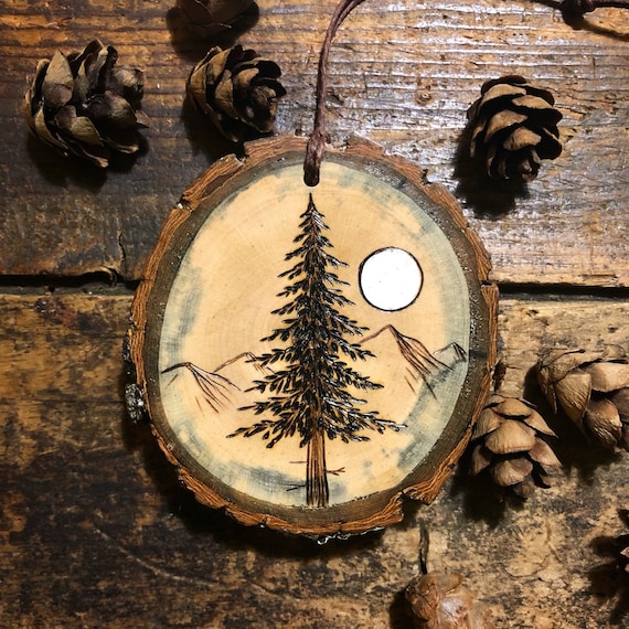 Full Moon Mountain Scene Pine Tree Ornament or Small Wall - Etsy