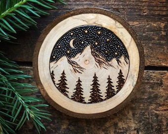 Night sky mountains wooden magnet. Wood burned mountain scene wood slice magnet. Handmade by Forage Workshop PREORDER