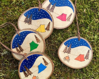 Wood camping ornament. Campfire, tent, trees, mountains. Wood burned and painted camp scene. Handmade by Forage Workshop