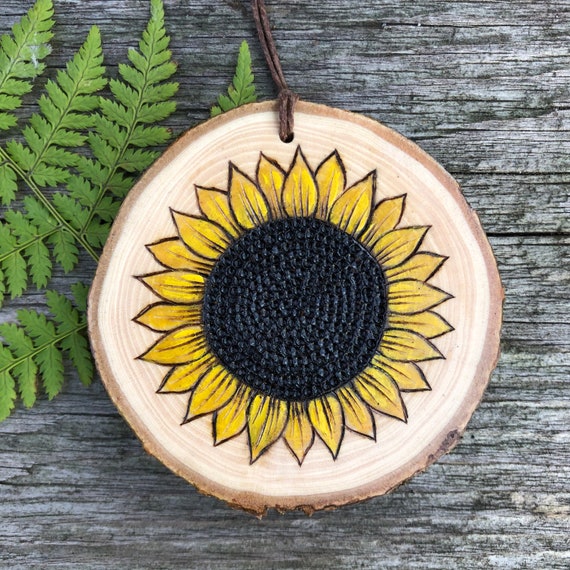 Sunflower Ornament Wood Burned And Hand Painted Wood Slice Etsy