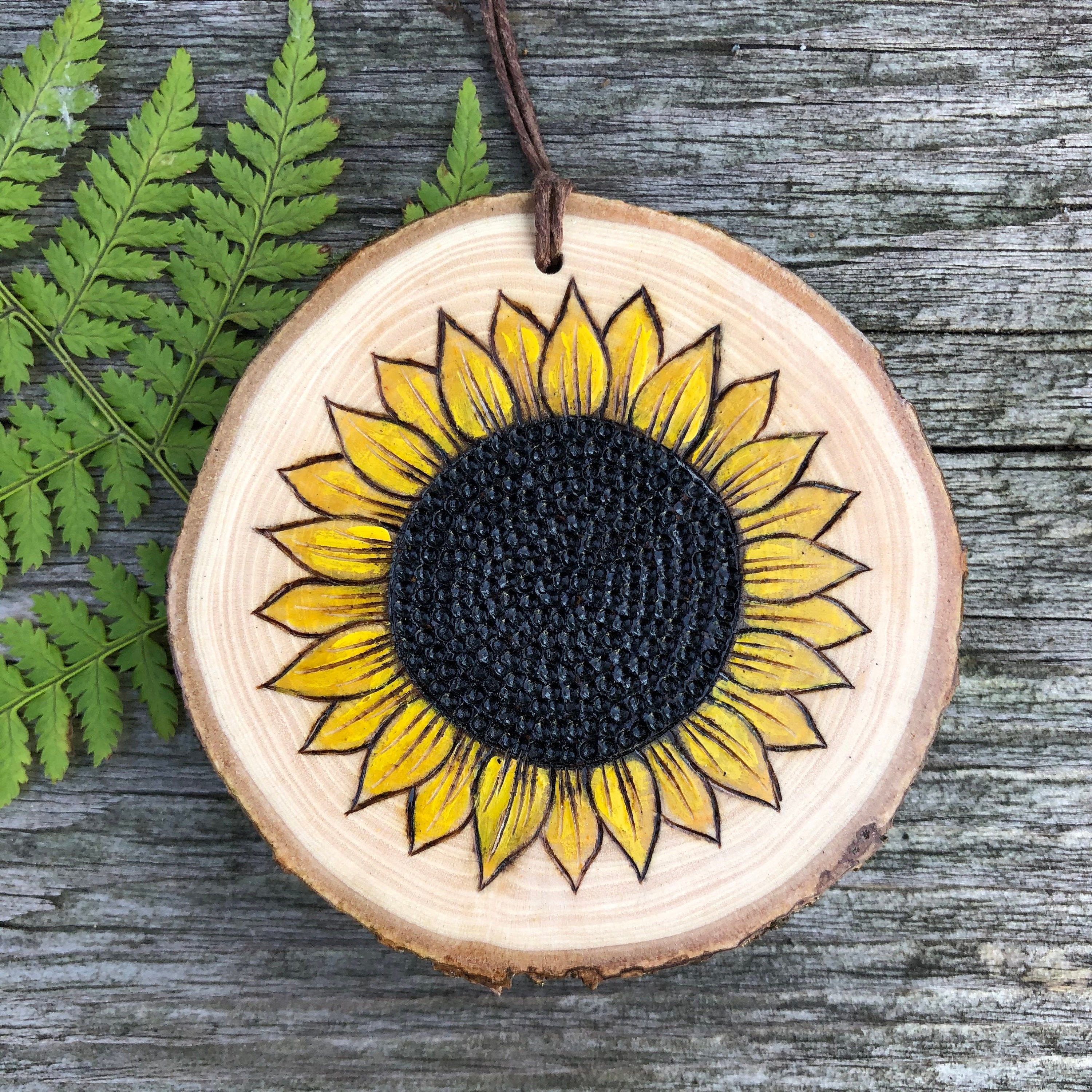 Sunflower Ornament Wood Burned And Hand Painted Wood Slice Etsy