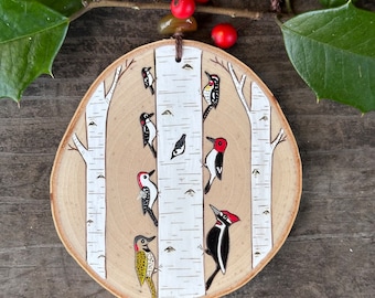 Birch tree forest with 7 woodpeckers and a nuthatch. Backyard birds. Wood slice ornament. Handmade by Forage Workshop. PREORDER