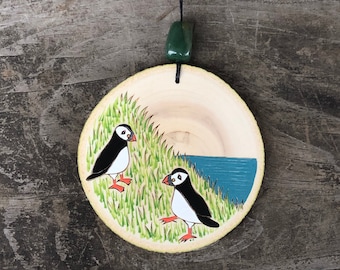 Puffins by the seaside wood slice ornament. Wood burned and painted. Handmade by Forage Workshop PREORDER