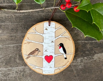 Birch tree with rose breasted grosbeak bird couple on wood slice. Woodland Personalized ornament custom made by Forage Workshop PREORDER