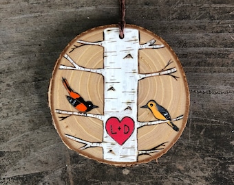 White birch tree with oriole couple on wood slice ornament. Handmade by Forage Workshop PREORDER