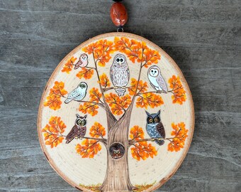 October Owl party in an autumn tree. Wood slice art, small wall hanging or large ornament. Handmade by Forage Workshop. Limited edition